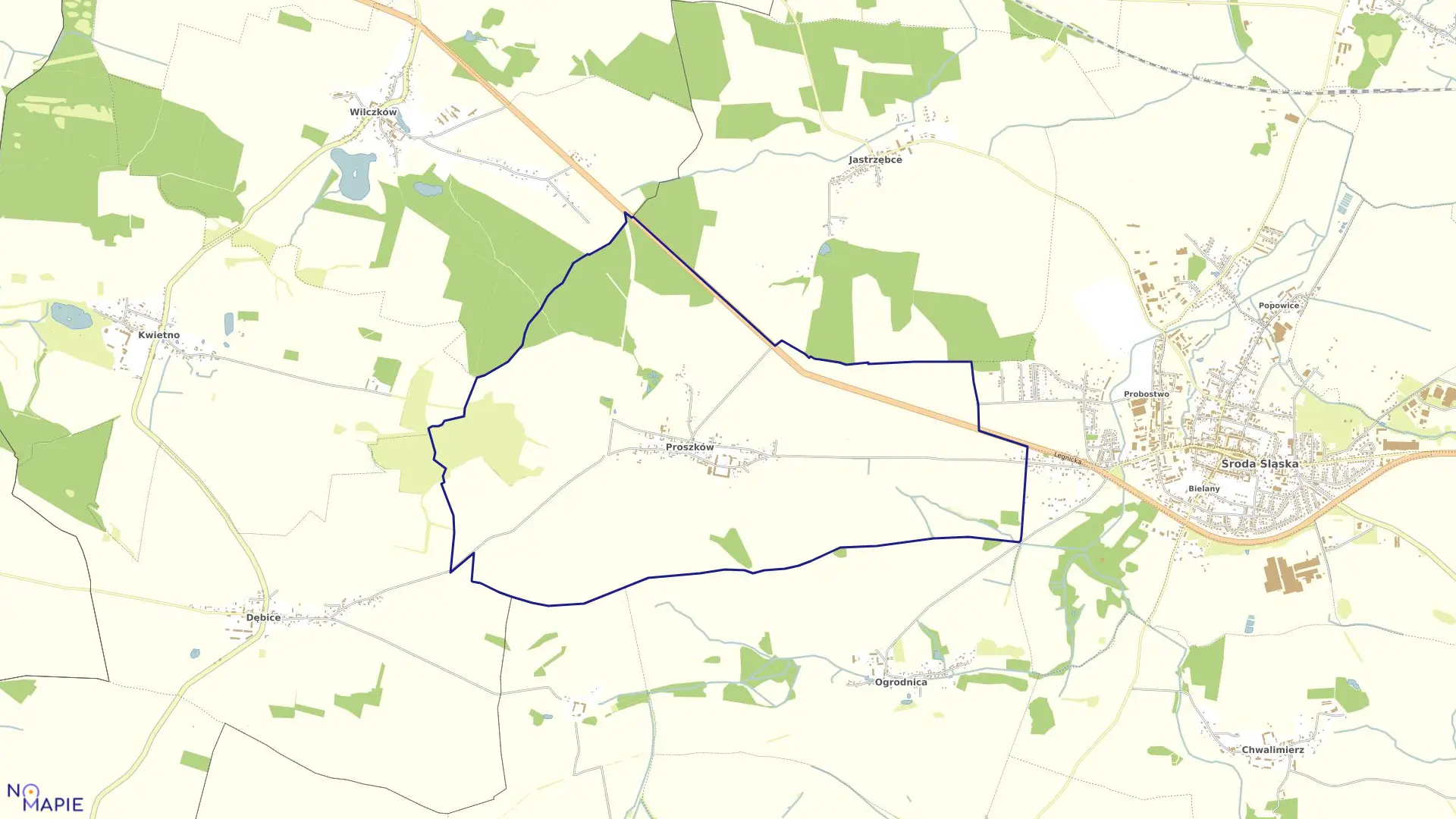 Mapa obrębu Proszków w gminie Środa Śląska